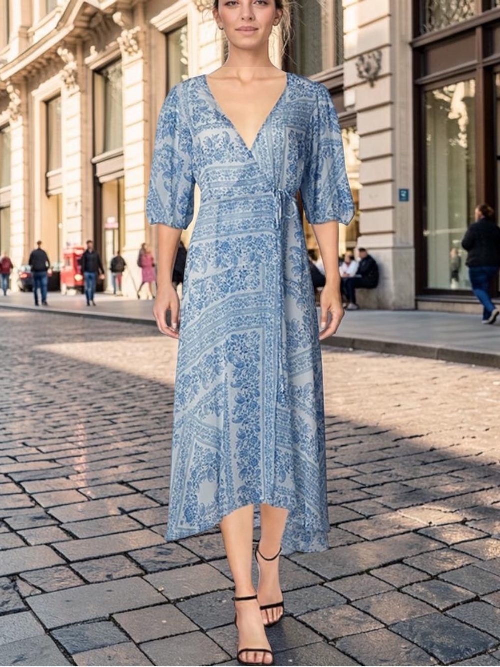 Calvin Klein Light Blue Printed Wrap Midi Dress